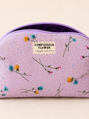 Compassion Flower Handmade Lavender Floral Cosmetic Bag | Lined Zipper Pouch | O